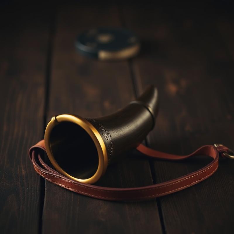 Corne viking à boire avec bordure en bronze et lanière en cuir