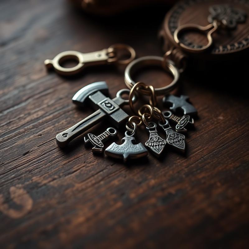 Porte-clés viking avec une mini-hache et des breloques runiques