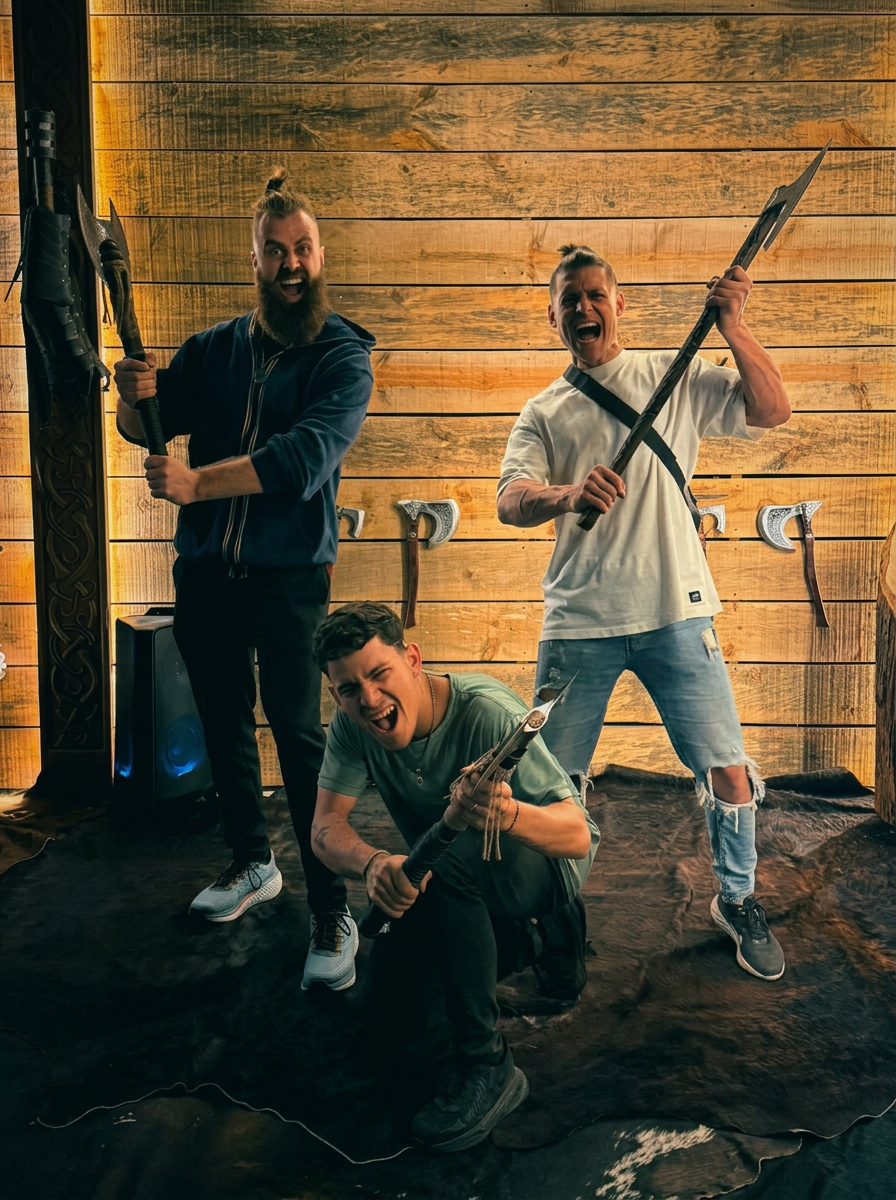 L'équipe de Valhalla World posant avec des armes vikings dans la salle de jeux