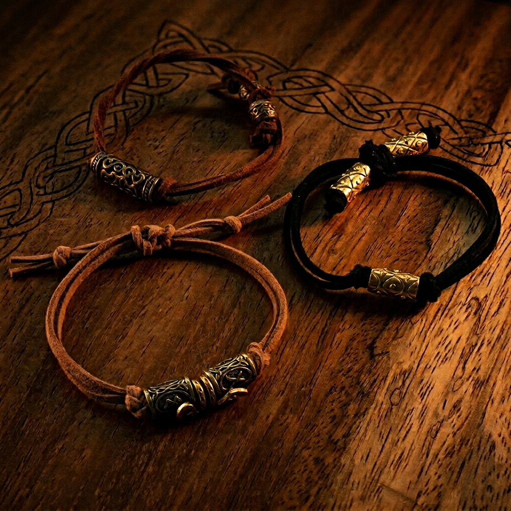 Gros plan sur des bracelets vikings faits main, avec un cordon en daim et de petits ornements en bronze