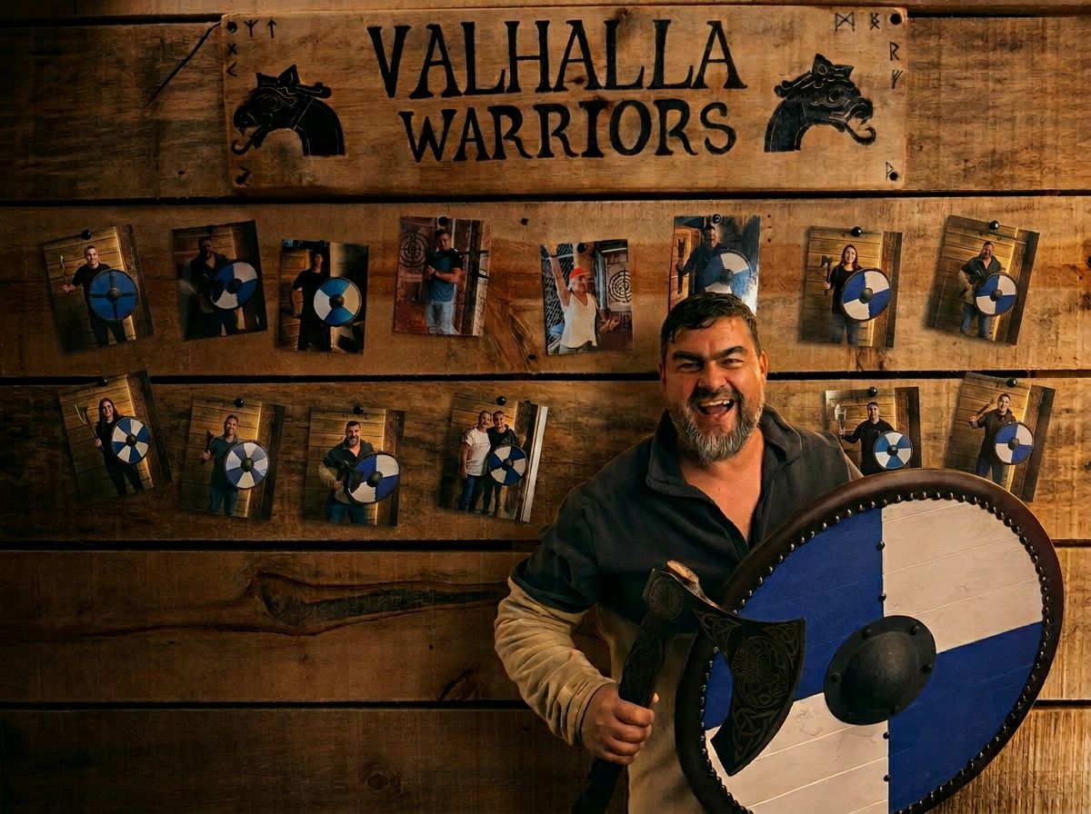 Le mur des guerriers du Valhalla, avec des photos et des haches vikings